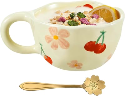 250ml Keramische Theekop met Aesthetic Bloemenprint - Schattige Koffiemok, Handgemaakt Melkkopje, Inclusief Lepel - Perfect Cadeau voor Vrouwen en Moeders