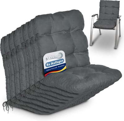 Beautissu Flair NL – Set van 8 Tuinkussen Lage Rug Antraciet – 100x50 cm – Zitkussen Matraskussen voor Tuin Meubelen