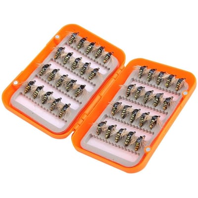 40 pcs Mouches de Pêche à la Mouche Réalistes Mouches à Truite Leurres Hameçons Kit de Pêche à la Mouche Boîte Or Gold