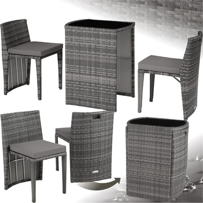 tectake® - wicker bistroset, ruimtebesparend in elkaar te schuiven, tuinmeubelset met 2 stoelen en tafel, tuinmeubilair, zitgroep voor tuin, wintertuin, balkon, terras - grijs - poly-rattan