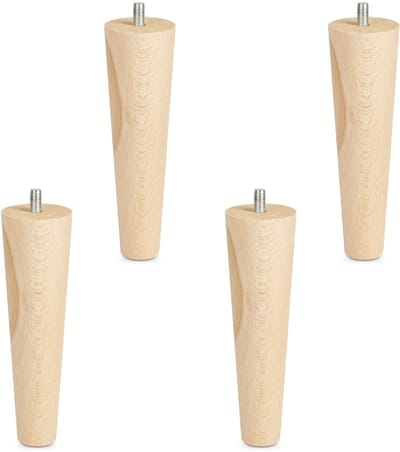Set van 4 meubelpoten ruw beuken H 150 mm / conisch Ø 45/25 mm met stelschroef M8 van Sotech