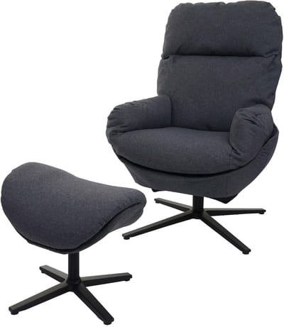 Relaxfauteuil + hocker MCW-L12, TV-fauteuil schommelstoel, draaifunctie, metaal stof/textiel ~ donkergrijs