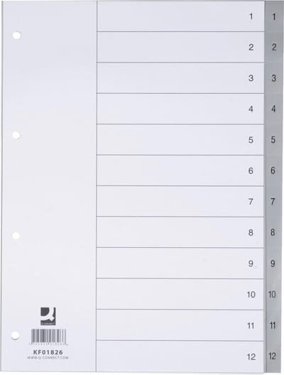 Q-CONNECT tabbladen set 1-12, met indexblad, ft A4, grijs