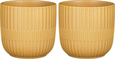 Mica Decorations - 2x - Plantenpot/bloempot - keramiek - mat okergeel - stripes patroon - D14 x H13 cm