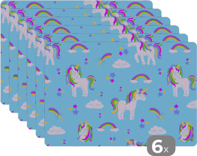 Placemat - Placemats kunststof - 45x30 cm - Unicorn - Regenboog - Patronen - Kind - 6 stuks - Borden onderleggers antislip - Tafel decoratie - Luxe tafelversiering - Tafelmat vinyl - Bord onderlegger - Tafeldecoratie accessoires