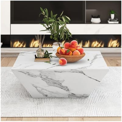 Moderne salontafel - MUVOE - Trapezoïdaal - Gevlakt wit marmer - 70x70x37cm - Hedendaags design wit