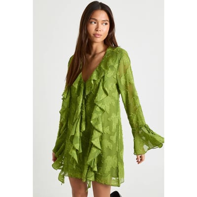 boohoo Dames Burnout bloemenjurk in shiftstijl met ruches | Olijf | Maat: 38