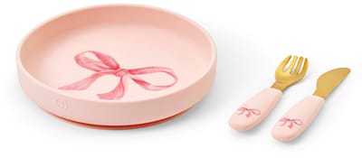 Elodie Silcone bord - Eetset - Silcone bord - Eetset - Kinderbord + vork + mes - Baby servies - Babyservies set -Rosy Bow