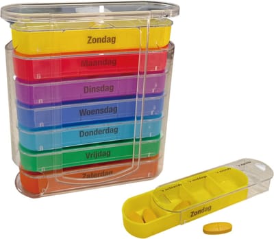 Pillendoosje voor hele week met Nederlandse tekst | Multicolor | 7 dagen in verschillende kleuren, 4 vakken per dag | Pillendoos | Pillen box | Medicijndoos | Medicijn box met dagaanduiding Nederlandstalig
