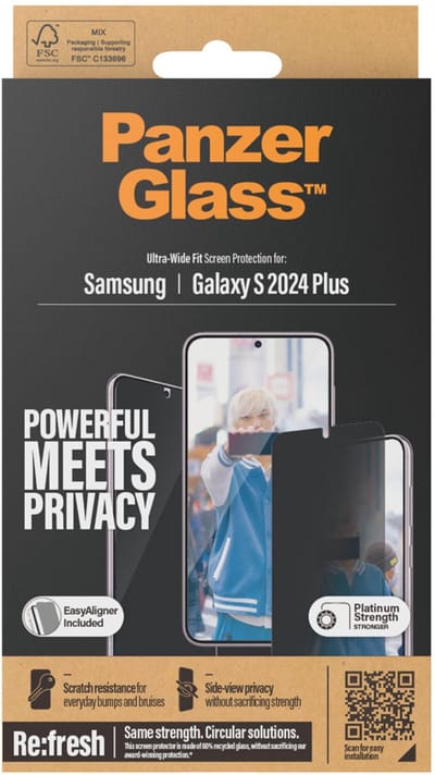 PanzerGlass Screenprotector geschikt voor Samsung Galaxy S24 Plus Glazen | PanzerGlass Ultra-Wide Fit Screenprotector Privacy - Case Friendly