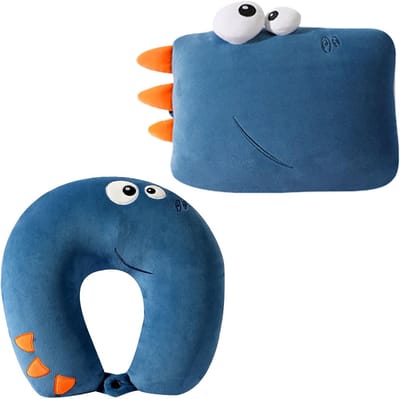 Thijox - Reiskussen voor Kinderen Dinosaurus 2-in-1 Pluche Neksteun voor Auto en Vliegtuig - Donkerblauw U-Kussen voor Slaapcomfort Thuis en Onderweg