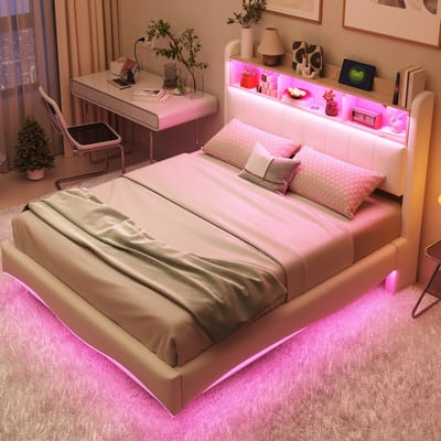 MEUNIQ gestoffeerd bed 140x200 cm met zwevend design, LED-verlichting, USB en Type-C, opbergruimte in hoofdbord, 12 latten, tweepersoons bed voor slaapkamer, beige