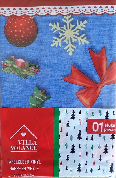 Kersttafelkleed-Feestdagen-Tafelen-Kerstballen-200x140-Afneembaar met vochtige doek kerst tafelkleed met sneeuwbal strik blauw