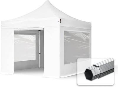 3x3 m Easy Up partytent Vouwpaviljoen PVC brandvertragend met zijwanden (2 panorama), PROFESSIONAL alu 40mm, wit