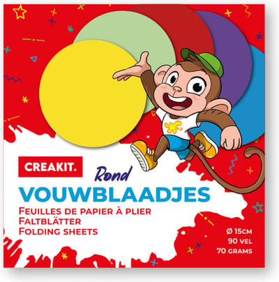 CREAKIT. Vouwblaadjes Rond – ø15 cm – Knutselen voor Kinderen en Volwassenen – 90 vellen – Tekenpapier – Knutselpapier – 5 verschillende kleuren – Origami Papier