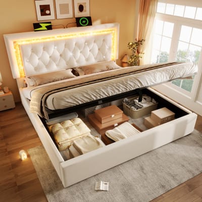 140x200 cm tweepersoonsbed - met LED-verlichting - voorzien van USB- en Type-C-oplaadstation - opbergruimte - beige - zonder matras