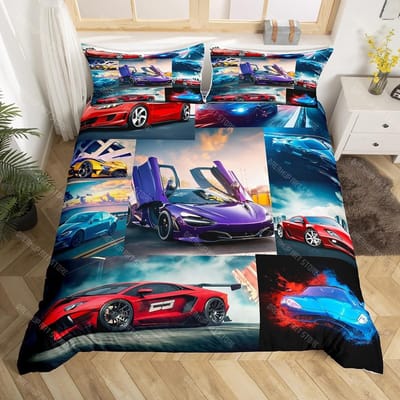 Ensemble de Literie Voiture de Sport Garçon Simple, Housse de Couette Voiture de Course pour Décoration de Chambre d'Enfants Adolescents, Ensemble de Lit Voitures de Course EU Single 90x200cm