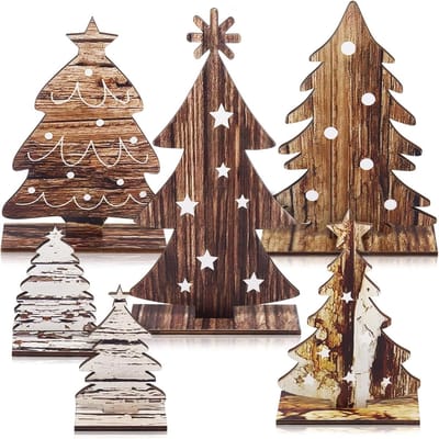 Mini Kerstboom Set van 6 Stukken - Houten Tafelversiering met Verwijderbare Ornamenten voor Feestelijke Kerstdecoratie en Sfeervolle Kamerversiering