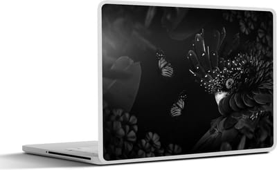 Laptop sticker - 10.1 inch - Vogel en vlinders in de jungle - zwart wit - 25x18cm - Laptopstickers - Laptop skin - Cover