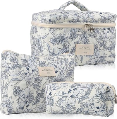 SnelShoppen - 3-delige Bloemen Make-up Set | Gequilte Make-up Tas voor Vrouwen en Meisjes | Retro Blauw | Lichtgewicht en Duurzaam | Perfect voor Reiz