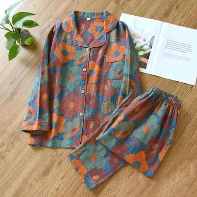 Japanse lente- en herfst nieuwe dames pyjamaset 100% katoen vintage lange mouwen broek tweedelige set voor woninginrichting M gray