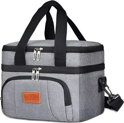 CarryQuest® - Geïsoleerde Koeltas - Lunchtas - Multifunctionele Dubbele Lagen Tote Koeler Lunch Tas - Picknick Tas - Houdt Warm en Koud Gescheiden - Picknick Lunchbox Met Schouderriem - Hoogwaardig Polyester - Grijs