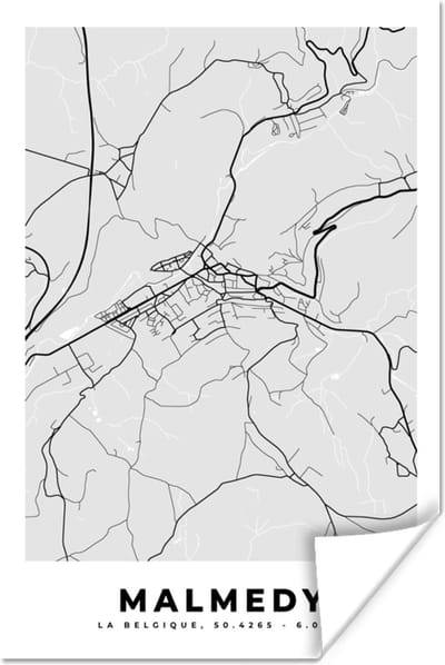 Poster Kaart – Plattegrond – Stadskaart – Malmedy – België – Zwart Wit - 120x180 cm XXL