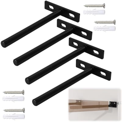 4 stuks Ondersteuningsbeugels - Plankbeugel - Wandmontagebeugel - Planksteunbeugel - T vormige steunbeugel - Inbouwmontage - Inclusief schroefaccessoires - Voor planken, boekenkasten, plankopslag (12,1*7 cm - Zwart)
