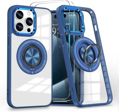 Hoesje Geschikt voor iPhone 15 Pro Arara hoesje voor Magsafe Transparant hard case - kickstand Draaibare Ring Houder met 2 Stuks screenprotectors - Blauw
