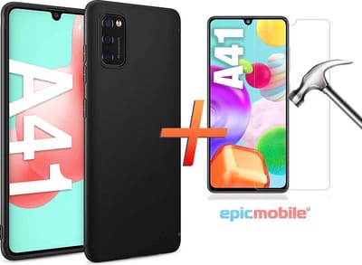 Hoesje geschikt voor Samsung Galaxy A41 Matte Zwart Siliconen Back Cover met 1X Screenprotector - Tempered Glass - Epicmobile
