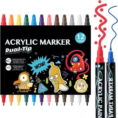 12 Kleuren Acrylstiften - Acrylverf Markers - Acrylstiften Dual Tip - Acrylverf Markers voor Glas, Hout, Steen, Keramiek, Stoffen, Metalen, Canvas – LOUZIR