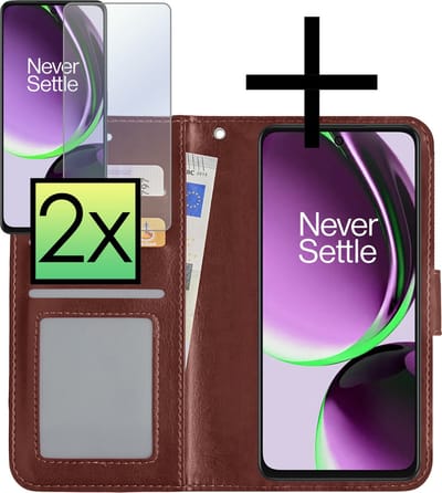 Hoesje - Met 2x Screenprotector - Geschikt voor OnePlus Nord CE 3 Lite - Luxe Pasjeshouder - Bookcase Portemonee - Flip Case - Kunstleer Book Case - Flipcase Hoes - Book Cover - Walletcase - Portemonneehoes - Bruin