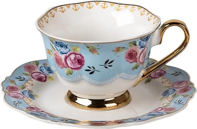 Clayre & Eef Kop en Schotel 160 ml Blauw Wit Porselein Bloemen
