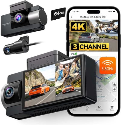 Wolfbox i17 3CH 4K Wifi Gps 64gb dashcam - Camera voor + achter + interieur - Wifi en Gps - Parkeermodus - 3,0 inch Lcd - 4K resolutie - 64gb Micro SD kaart - dashcam voor auto