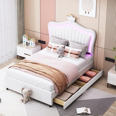 Kinderbed gestoffeerd bed 90 x 200 cm - Wit kroon enkel bedframe voor meisjes van PU-leer met opberglades - LED-verlichting - Lattenbodem en rugleuning