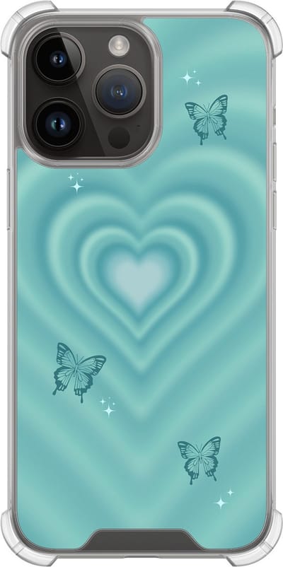 Shockproof hoesje - Geschikt voor iPhone 14 Pro Max - Retro hart vlinder - Extra sterke case - TPU/polycarbonaat - Print / Illustratie - Blauw, Transparant