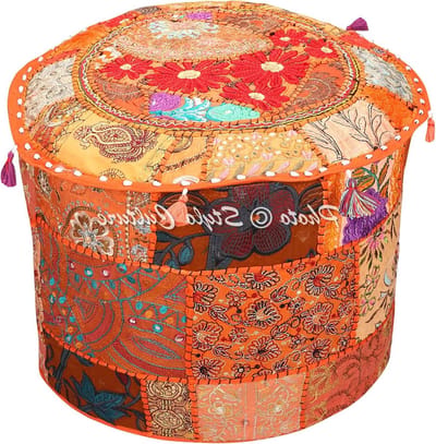 Ottomaanse poefhoes - Voetkruk hoes poef - Interieurdecoratie - Uniek patchwork ontwerp - 45x33 cm - Oranje