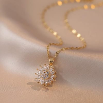 Colliers Tournesol Tendance à Rotation en Acier Inoxydable Zircon pour Femmes Métal Cristal Collier Fête Cadeaux d'Anniversaire Bijoux beige