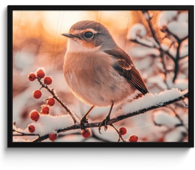 Poster in lijst - Fotolijst 70x50 cm - Posters - Vogel - Tak - Winter - Dieren - Sneeuw - Posterlijst zwart - Decoratie - Wanddecoratie woonkamer - Muurdecoratie slaapkamer