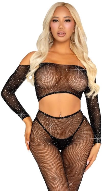Leg Avenue - Rhinestone Fishnet Crop Top and Legging Lingerie set - Zwart