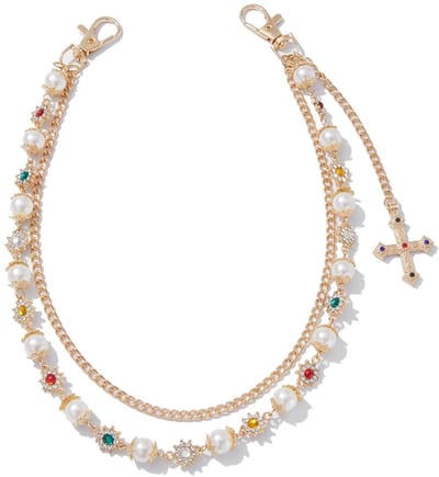 Dailygoods - Meerlaagse broekketting met parels en kruishanger, modieus, voor dames en heren, punk, Y2K, portemonneeketting, goud, voor jeans, broek, tas, gelaagde broek, ketting, handtasketting