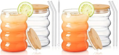 longziming -Glas - Borosilicaatglas - Gerippt - Wellen Förmig - 4 Stk - Huishouden Bar Dessert Zaak Kantoor Kinderkamer - transparant