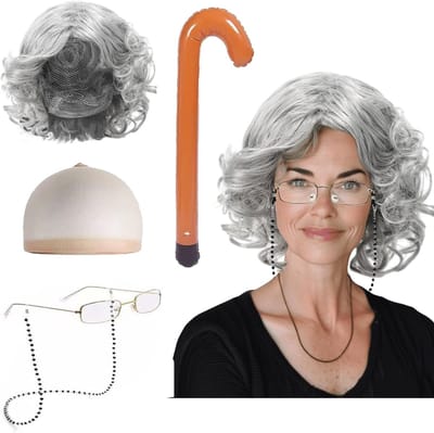 Grijze Oma Kostuum Schort met Perkamenten Haar, Bril en Ketting - Perfect voor Halloween, Wereld Boek Dag en Carnaval