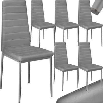 tectake® Eetkamerstoelen - Kunstleren stoelen met hoge rugleuning - Set van 6 - Belastbaar tot 150kg - Afmetingen 41x 45x98,5 cm - Moderne stoelen zonder armleuning, metalen frame - Grijs