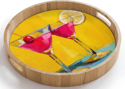 Dienblad rond 40x40 cm - Schootdienblad hout - Glazen - Cocktail - Citroen - Kers - Borrelplank rechthoek - Plateau houten dienbladen