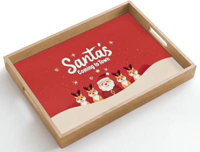 Dienblad hout 50x35 cm - Schootdienblad - Illustratie - Kerstman - Rendieren - Rood - Borrelplank rechthoek - Plateau dienbladen
