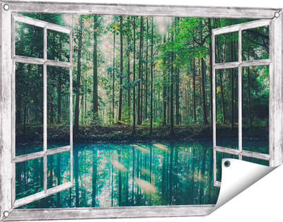 Gards Tuinposter Doorkijk Bos bij een Groen Meer - 90x60 cm - Tuindoek - Tuindecoratie - Wanddecoratie buiten - Tuinschilderij