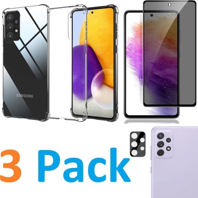 Anti-Schok Siliconen Hoesje Back Cover + Privacy Scherm Tempered Glass Screen Protector  + Camera lens Beschermer zwart Geschikt voor: Samsung Galaxy A73 5G