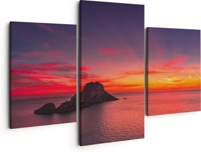 Artaza Canvas Schilderij Drieluik Ibiza Rotsen Eiland bij Zonsondergang - 150x120 - Groot - Foto Op Canvas - Canvas Print