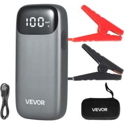 VEVOR Jump Starter Power Bank, startbooster met een piekvermogen van 6000A, inclusief LED-zaklamp en kabel, geschikt voor diesel- en benzinemotoren tot 10 liter. Deze auto-accubooster biedt snelladen en veiligheidsbescherming voor noodgevallen.